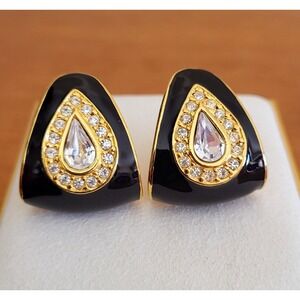 Vintage 90's Signed IVANA Clip-on Earrings Rhinestones w/  Enamel Bold Gold Tone